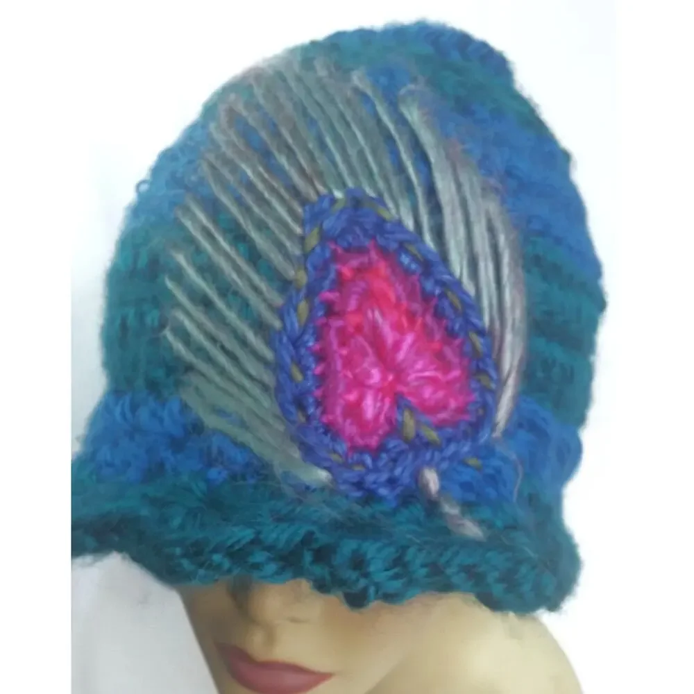 Handmade Crochet Peacock Feather Hat Blue Green Beanie Cottage Core Cozy New